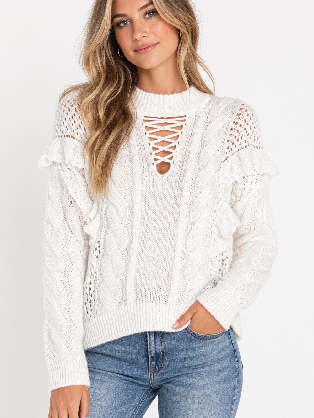 Torn by Ronny Kobo white lace up ruffle sweater